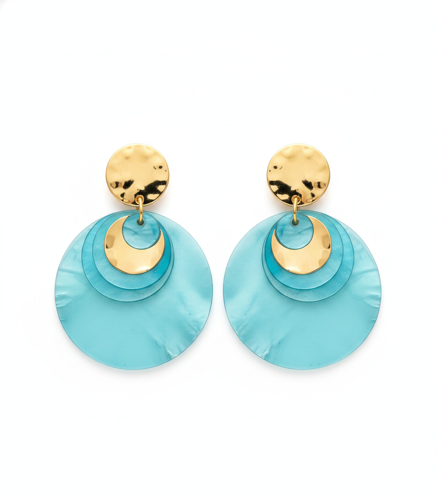 Disc Studs, teal disc stud earrings with gold-tone rim, front view | THE ARCIVE