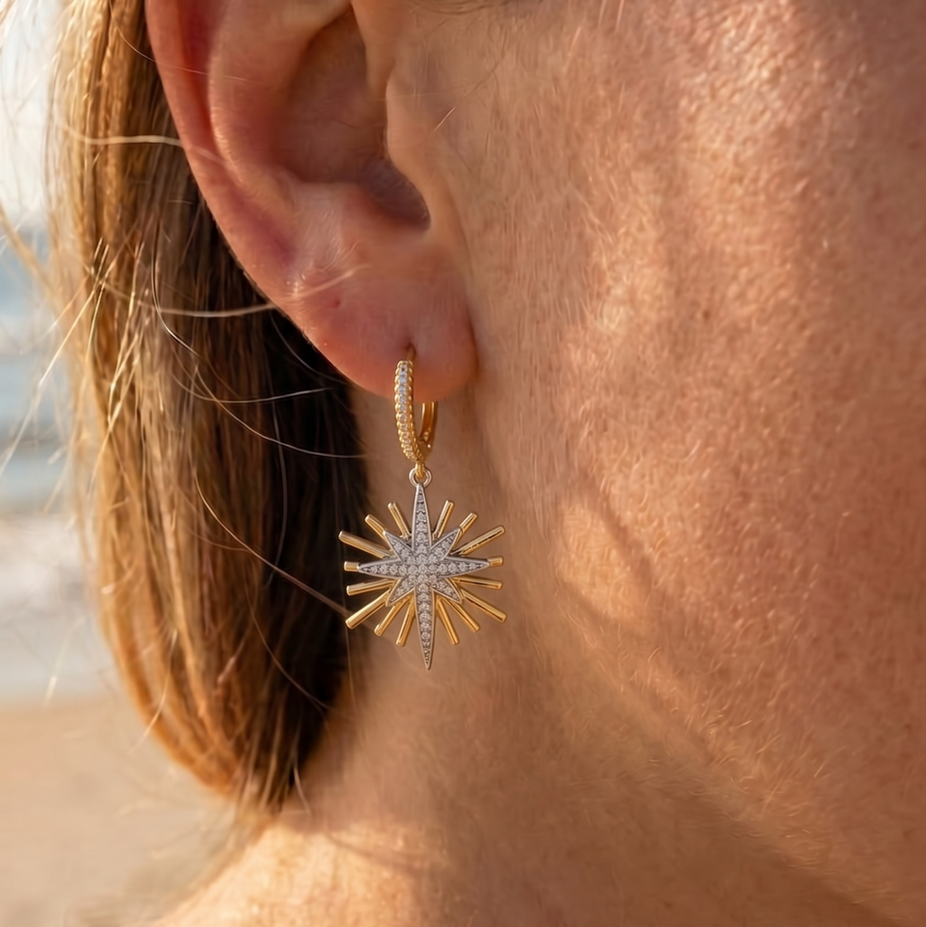 Astrale Drops — two-tone starburst drop earrings detail | THE ARCIVE