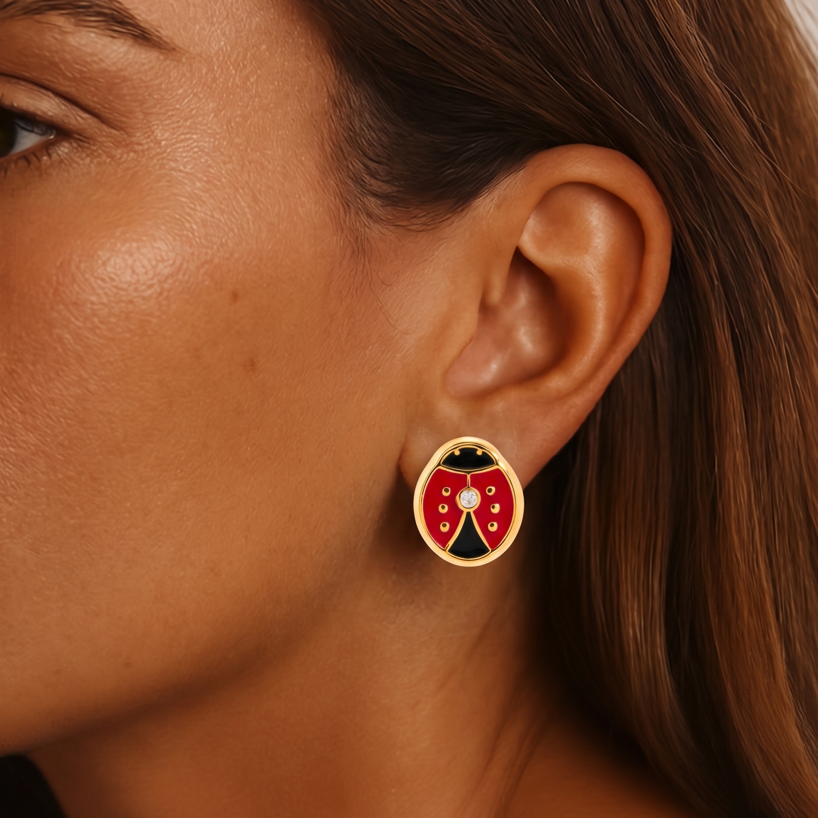 Lady Bug Stud — gold ladybug stud earring worn on ear | THE ARCIVE