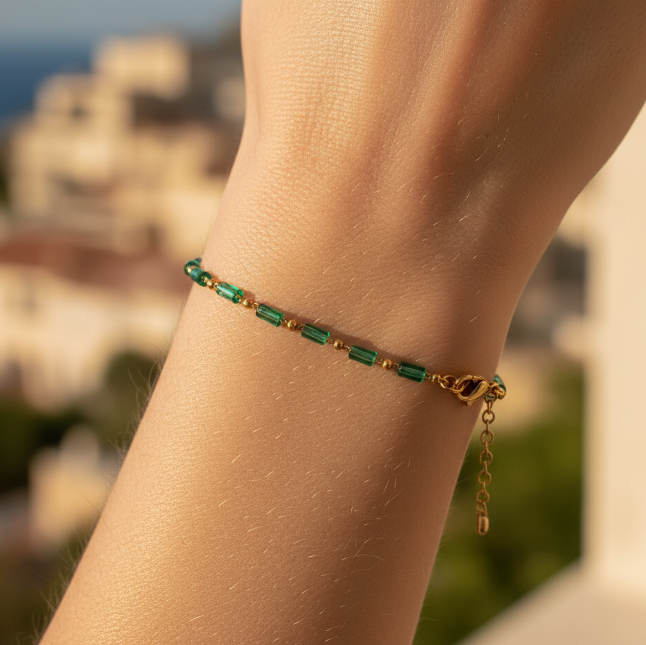 Bay Anklet, teal bead anklet in stainless steel, worn on ankle | THE ARCIVE