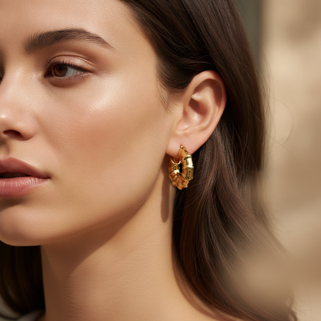 Bambou Hoops - ridged hoop earrings worn on model | THE ARCIVE