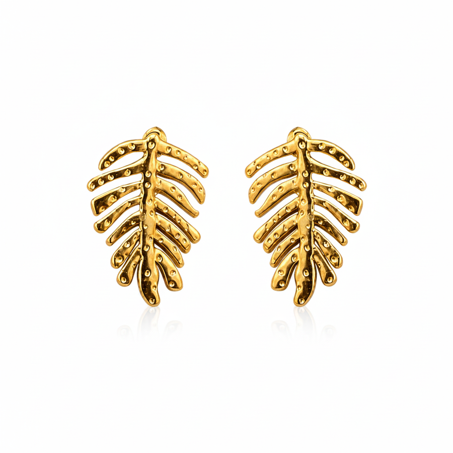 Canopy Studs, gold-tone monstera leaf stud earrings, close-up detail | THE ARCIVE