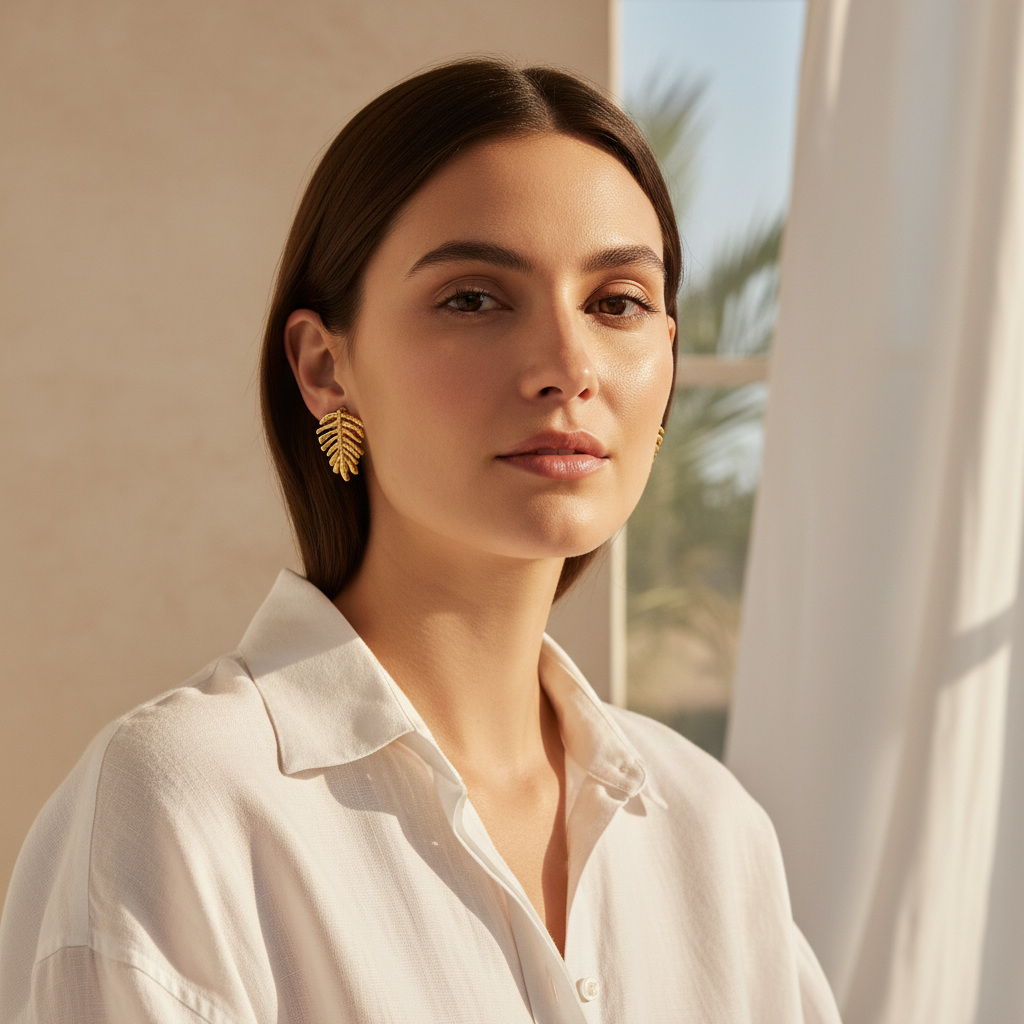 Tropical Leaf Stud Earrings — monstera leaf earring on model | THE ARCIVE