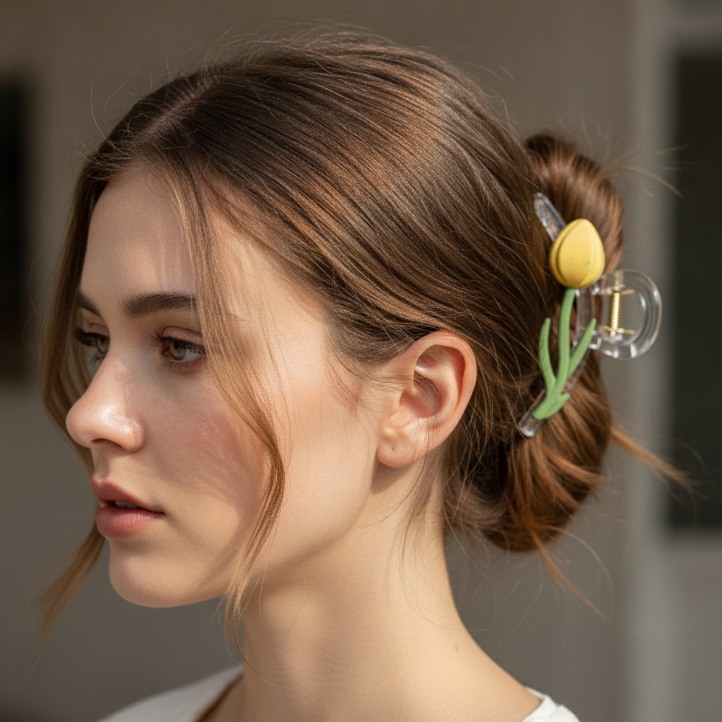 Tulipe Claw Clip in Yellow - yellow floral claw clip worn in hair | THE ARCIVE