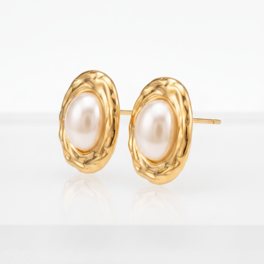 Pearl Oval Frame Stud Earrings — gold oval frame stud side view | THE ARCIVE
