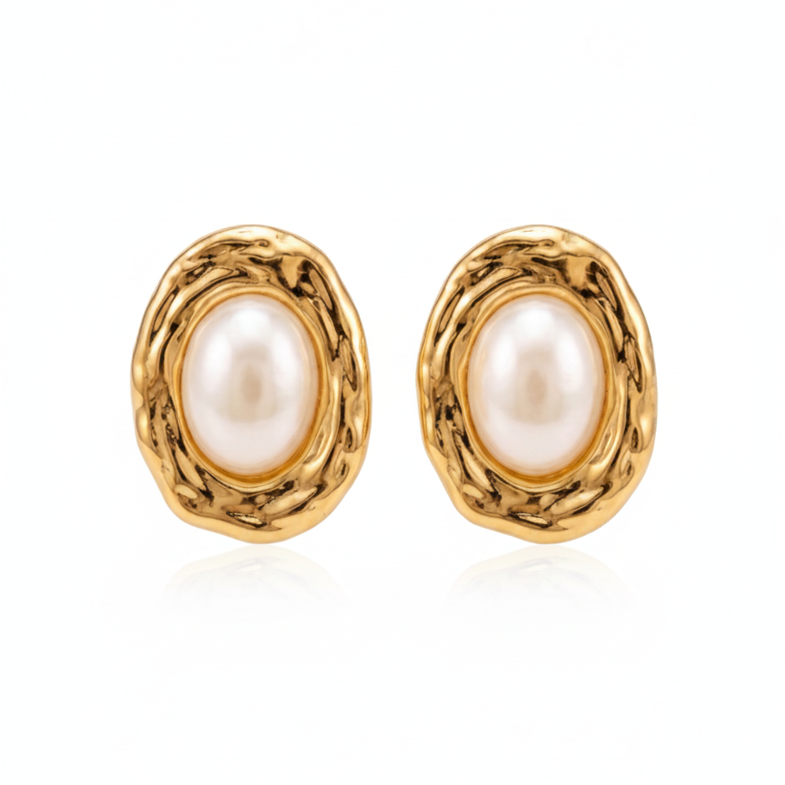 Pearl Oval Frame Stud Earrings — pearl oval stud earring front | THE ARCIVE