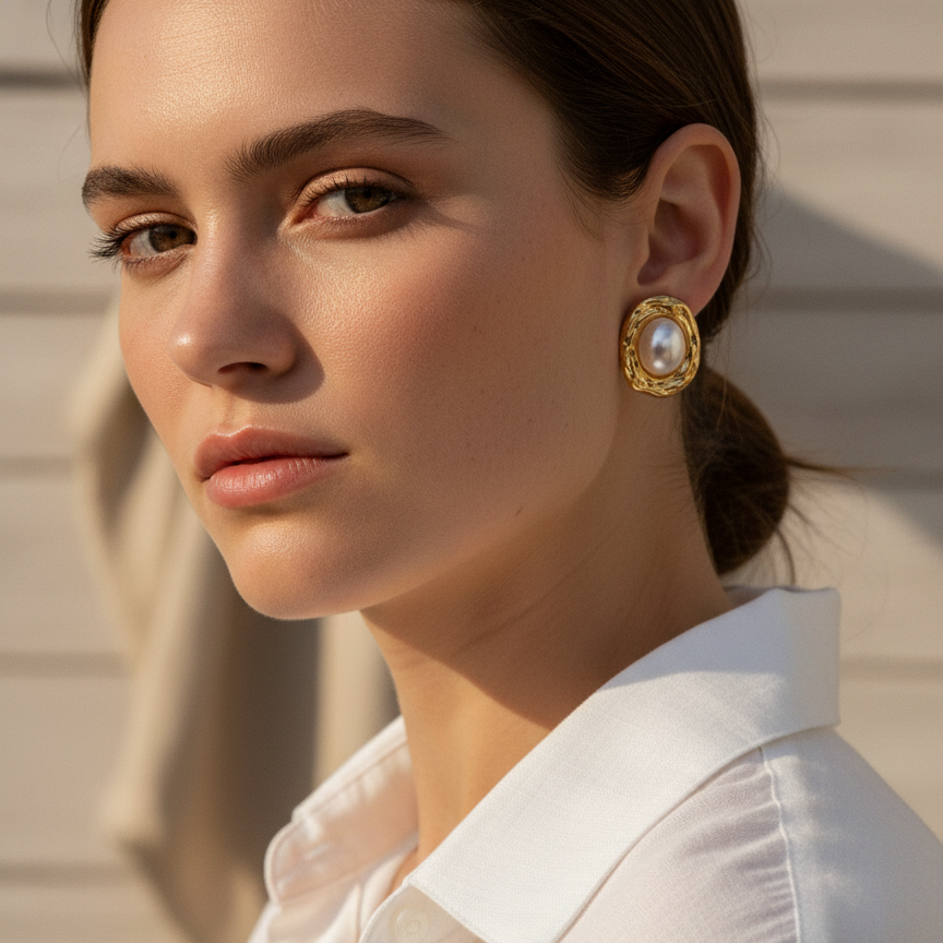 Pearl Oval Frame Stud Earrings — pearl gold studs worn on ear | THE ARCIVE