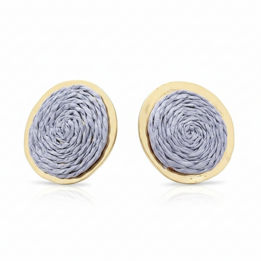 Medallion Studs, round coin stud earrings with silver-white centre, angled view | THE ARCIVE
