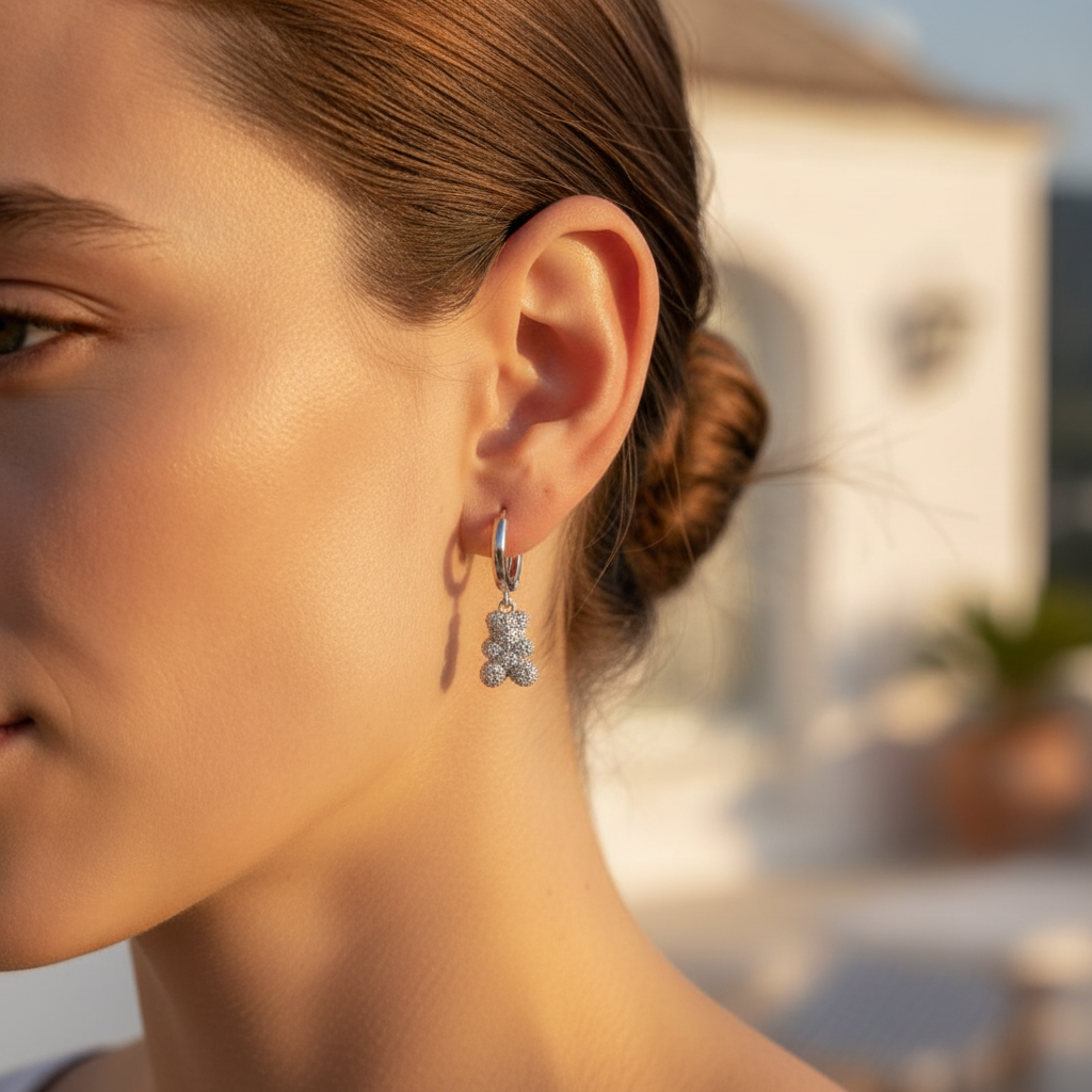 Teddy Earring - pavé crystal teddy bear earring on model | THE ARCIVE