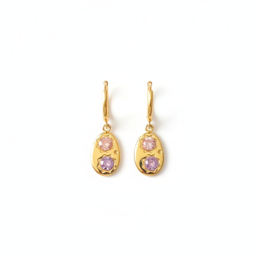 Gemme Drops - gold huggie drop earrings flat lay | THE ARCIVE