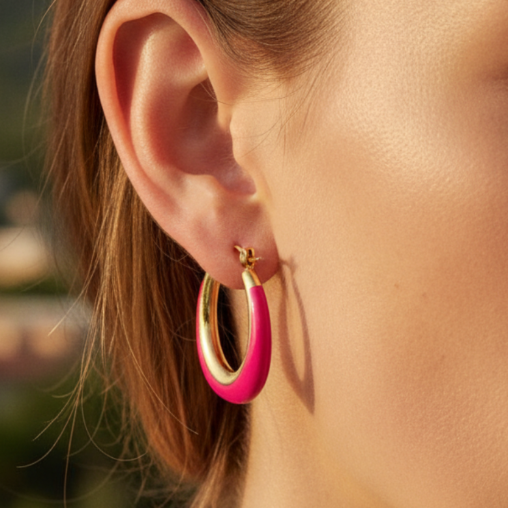 Fuchsia Hoops - pink enamel earrings on model | THE ARCIVE
