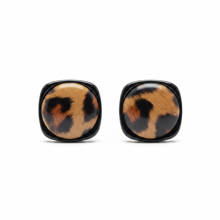Tortoise Studs, tortoiseshell resin square stud earrings, close-up detail | THE ARCIVE