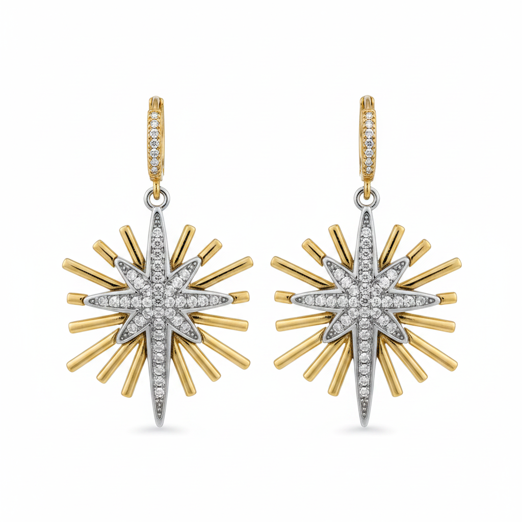 Astrale Drops — two-tone gold starburst zircon drop earrings | THE ARCIVE