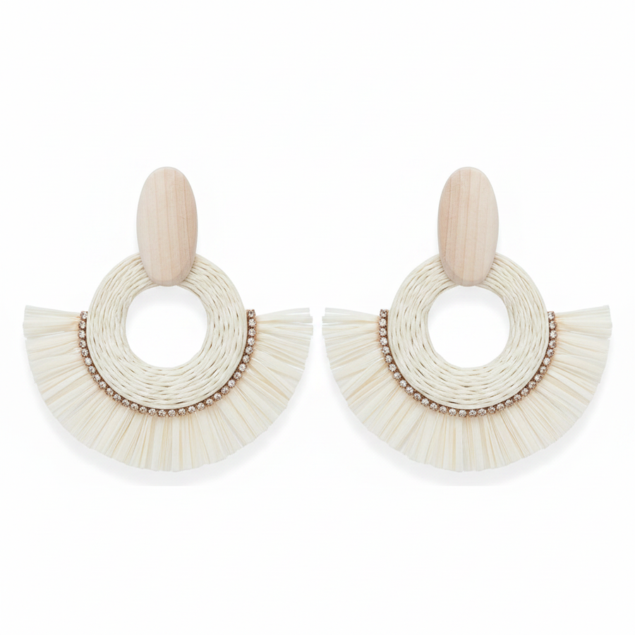 Rattan Drops, woven raffia fan drop earrings, product view | THE ARCIVE