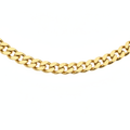 A close-up of a polished yellow gold Cuban link chain against a solid white background.