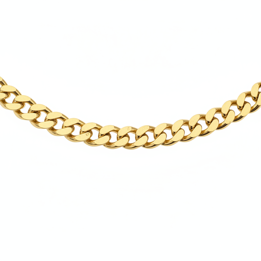 A close-up of a polished yellow gold Cuban link chain against a solid white background.