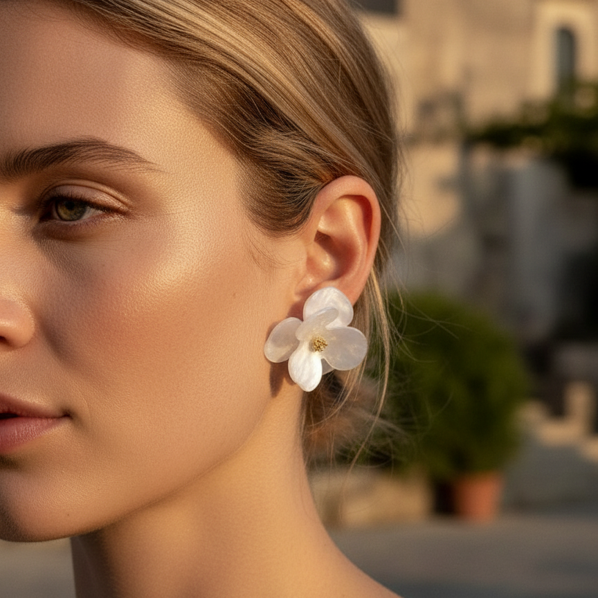 Magnolia Studs - white magnolia flower earrings angle | THE ARCIVE
