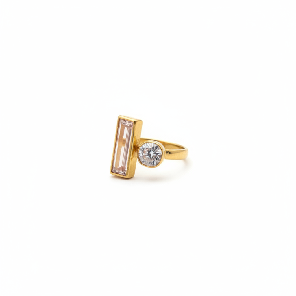 crystal ring baguette pink and round white stones stainless steel angled view