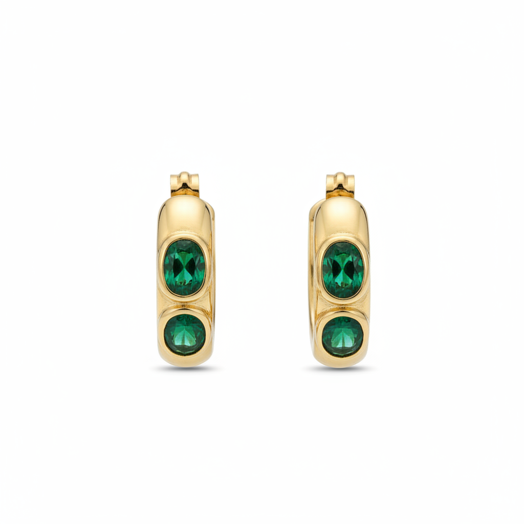 Jade Hoops - bezel-set green oval crystal huggie hoops | THE ARCIVE