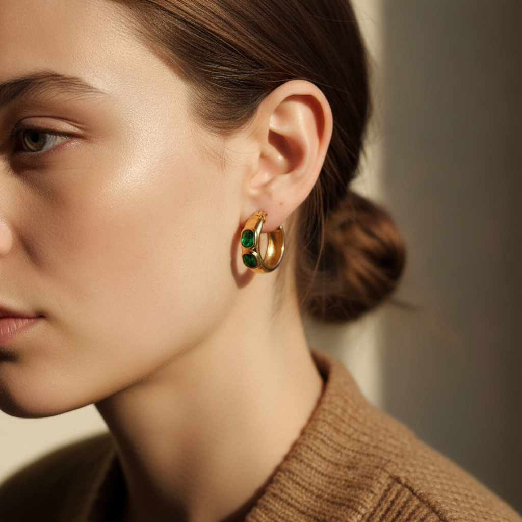 Jade Hoops - green crystal hoop earrings worn on model | THE ARCIVE