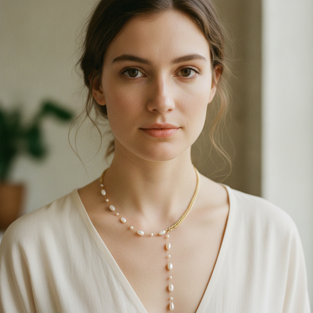 Perle Lariat - pearl lariat and curb chain necklace worn on model | THE ARCIVE