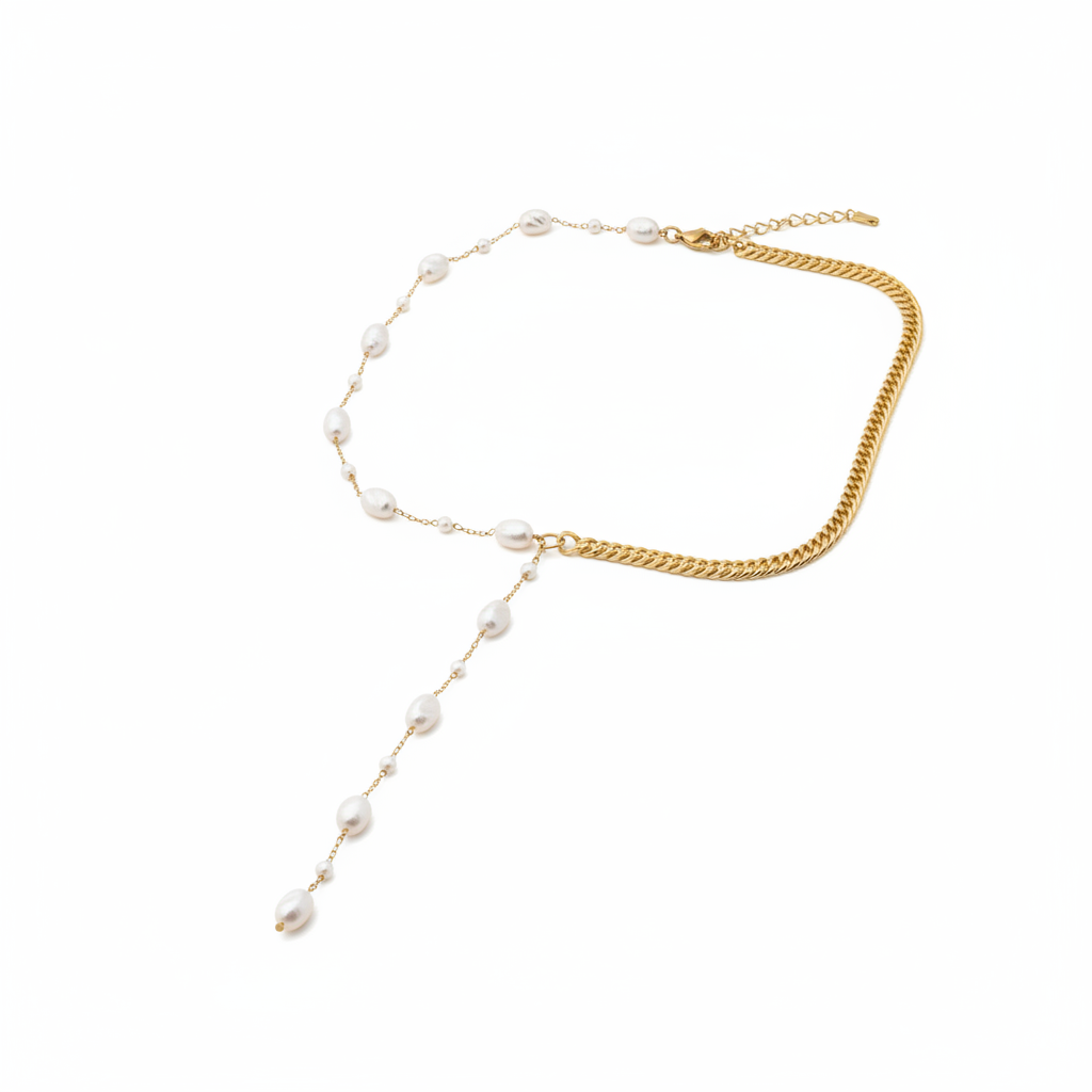 Perle Lariat - double chain pearl lariat necklace flat lay | THE ARCIVE