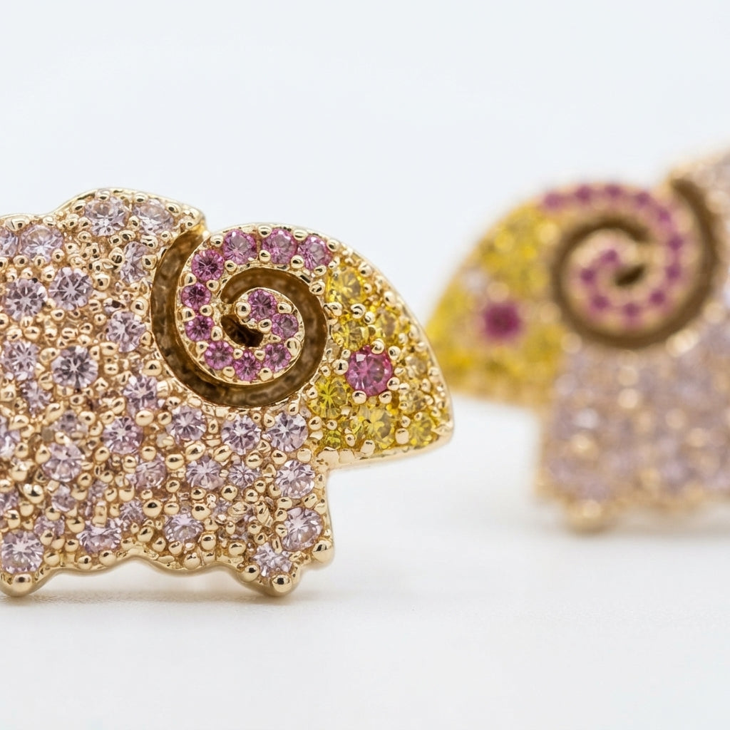The Aries Studs, pink pavé ram stud earrings, close-up detail | THE ARCIVE