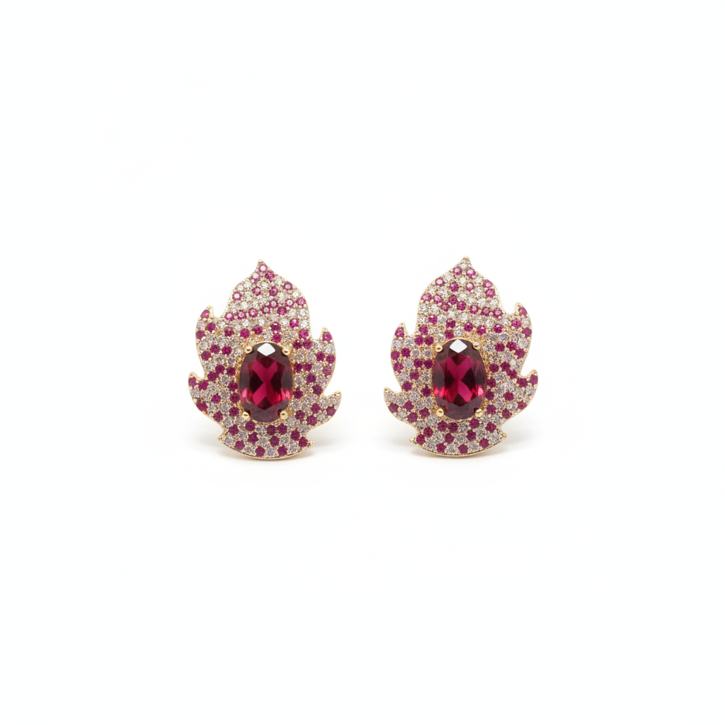 The Blaze Studs, ruby red crystal statement studs, flat lay view | THE ARCIVE