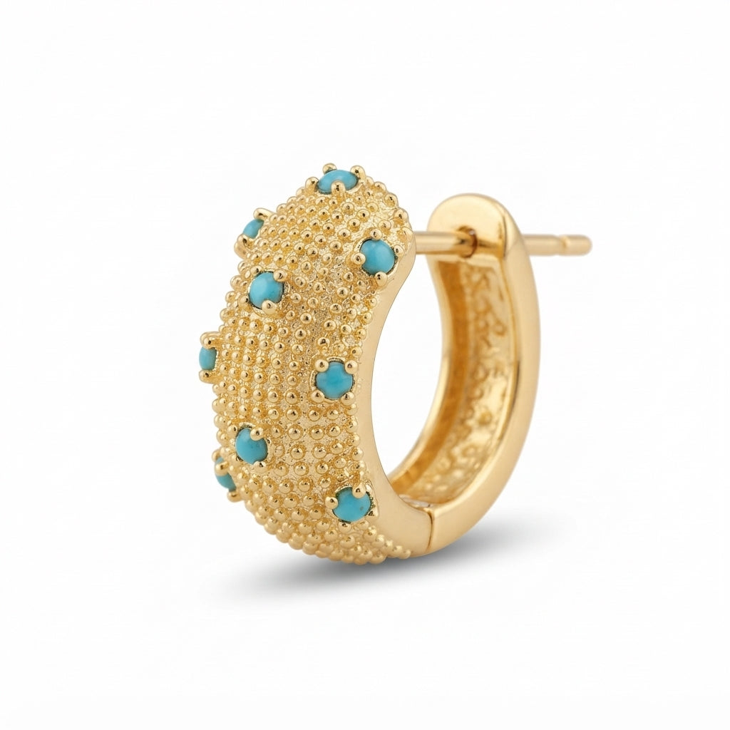 The Caviar Huggies, beaded gold turquoise huggie earrings, angled view | THE ARCIVE