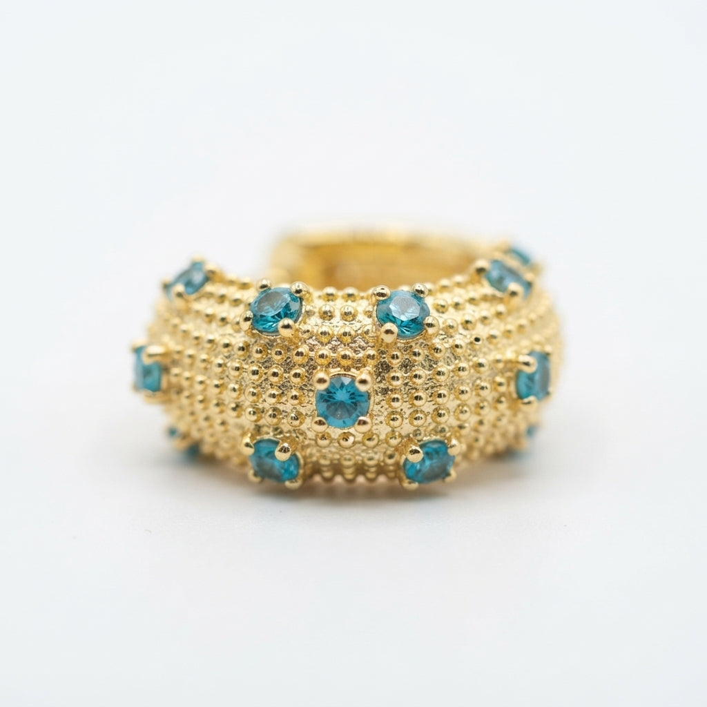 The Caviar Huggies, beaded gold turquoise huggie earrings, close-up detail | THE ARCIVE