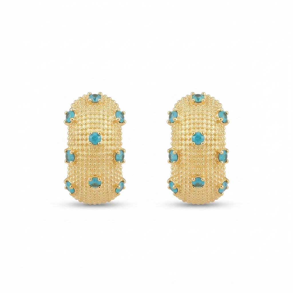 The Caviar Huggies, beaded gold turquoise huggie earrings, product view | THE ARCIVE