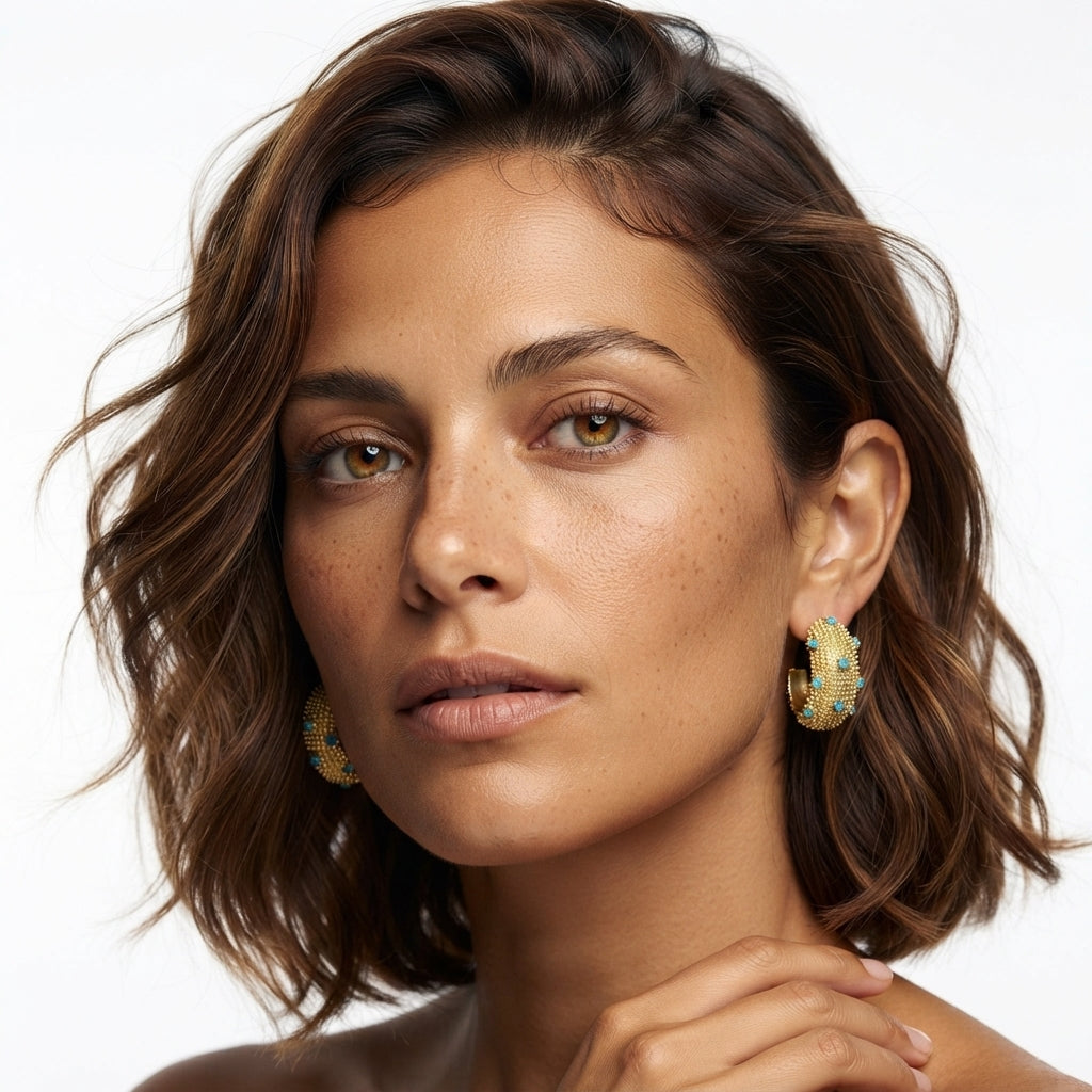 The Caviar Huggies, beaded gold turquoise huggie earrings, worn on model | THE ARCIVE