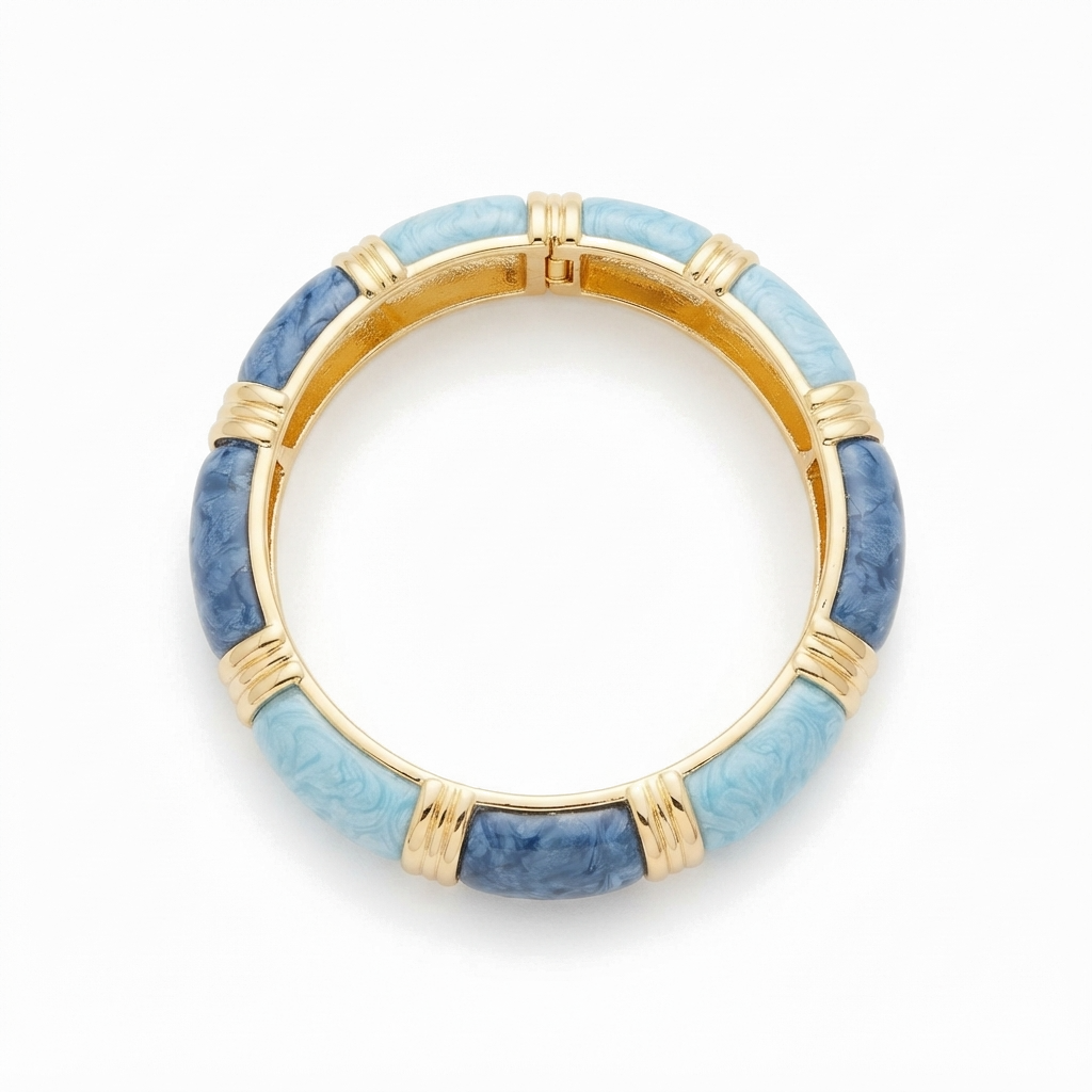 The Cerulean Bangle, marbled blue enamel gold-tone hinged bangle, product view | THE ARCIVE