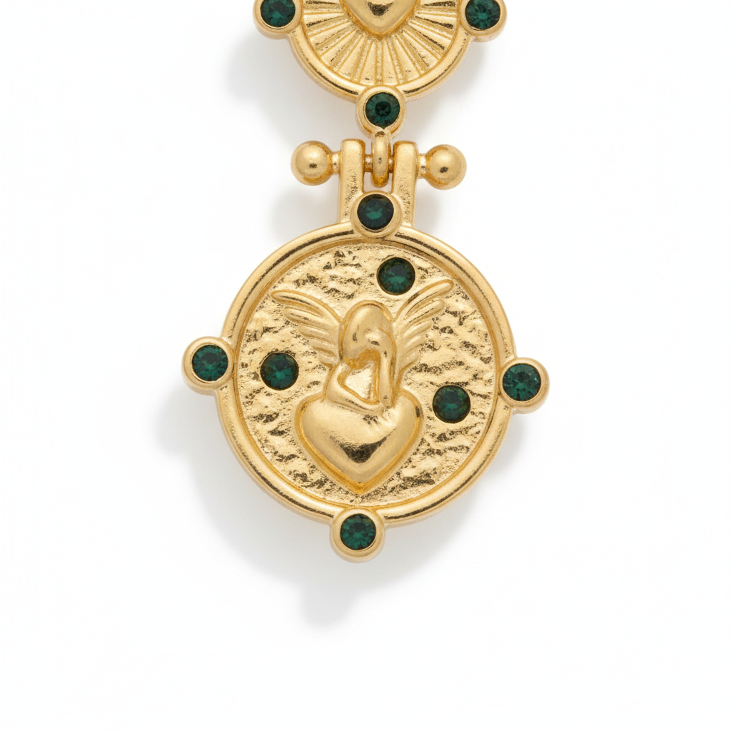 The Cherub Drops, gold heart medallion drop earrings, close-up detail | THE ARCIVE