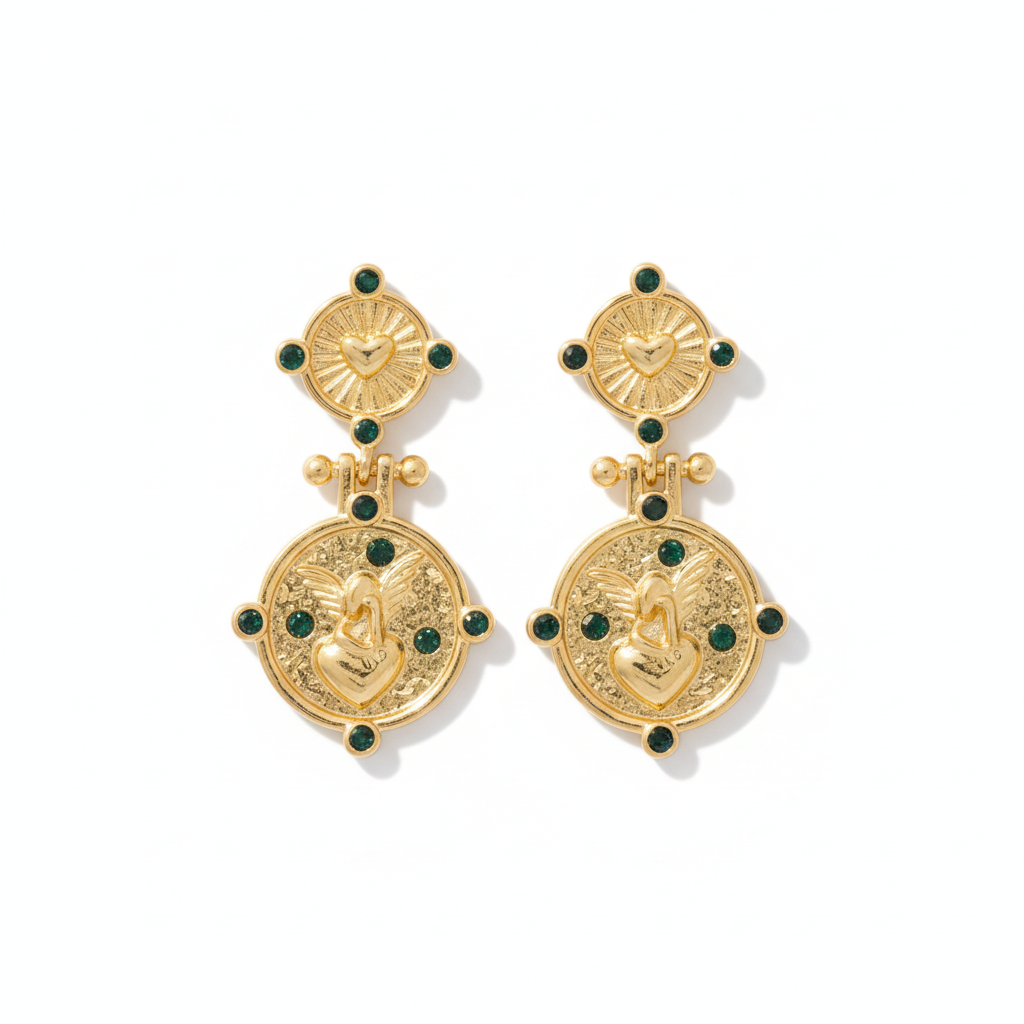 The Cherub Drops, gold heart medallion drop earrings, product view | THE ARCIVE