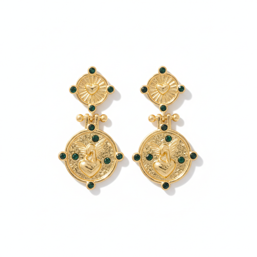 The Cherub Drops, gold heart medallion drop earrings, product view | THE ARCIVE