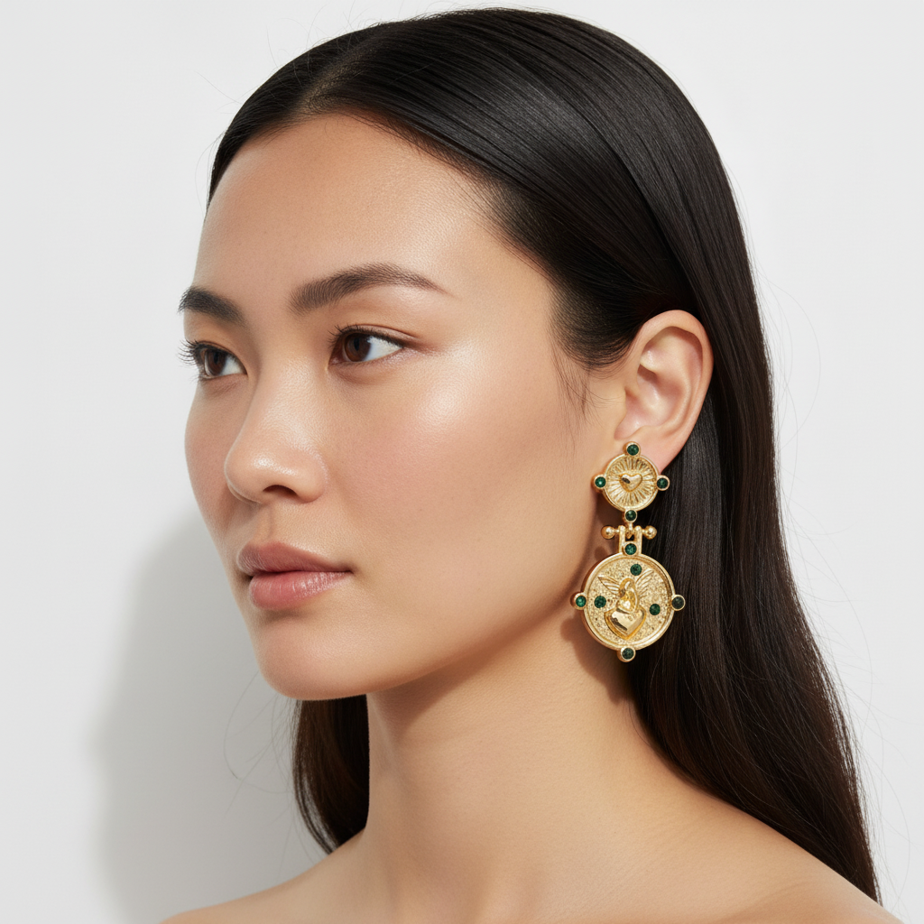 The Cherub Drops, gold heart medallion drop earrings, worn on model three-quarter view | THE ARCIVE