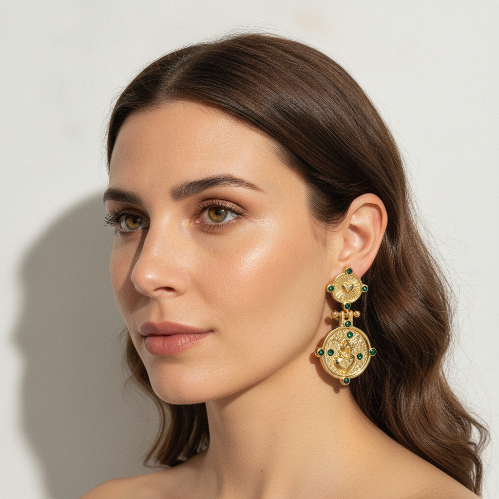 The Cherub Drops, gold heart medallion drop earrings, worn on model | THE ARCIVE