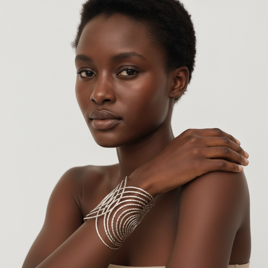 The Cleopatra Cuff, silver-tone wire statement cuff, worn on model three-quarter view | THE ARCIVE