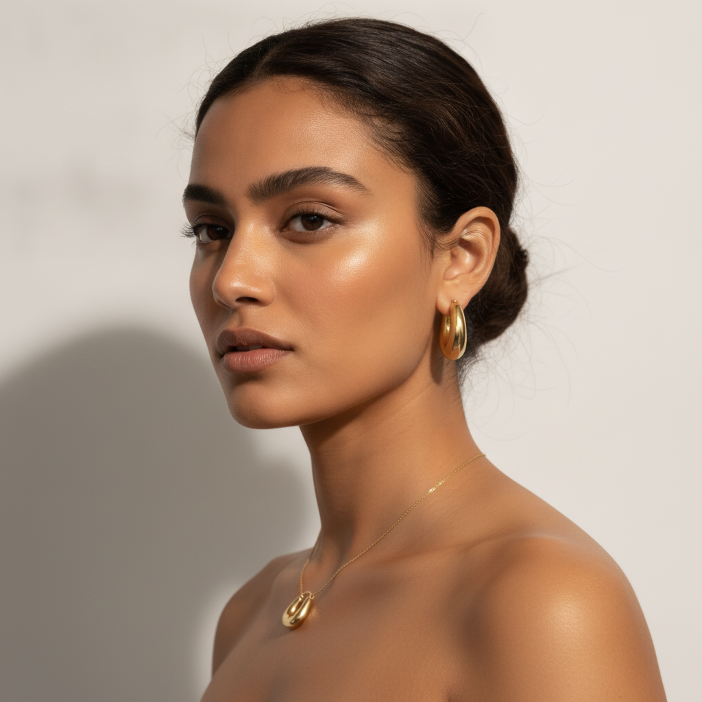 The Crescent Hoops, chunky gold crescent hoop earrings, worn on model three-quarter view | THE ARCIVE
