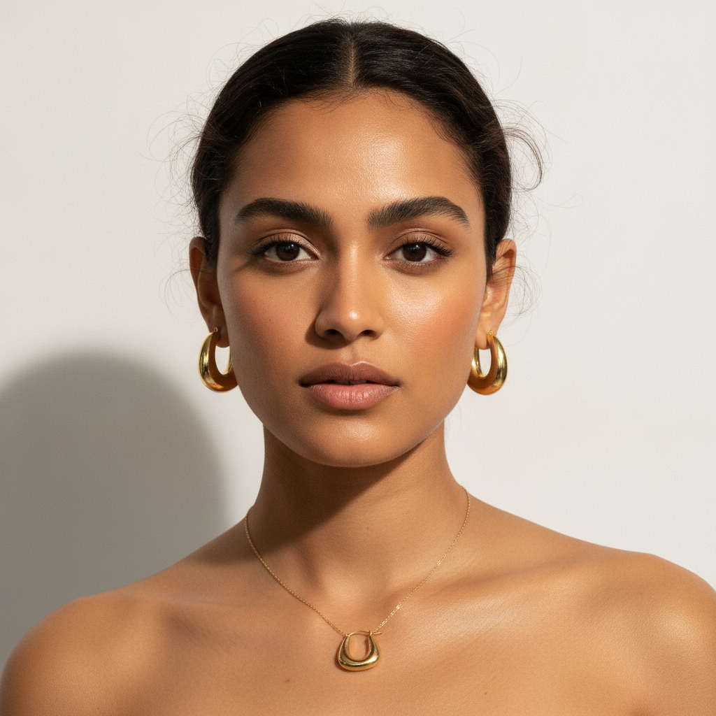 The Crescent Hoops, chunky gold crescent hoop earrings, worn on model | THE ARCIVE