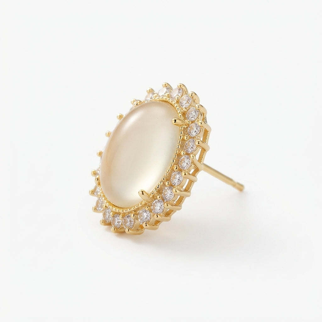 The Duchess Studs, moonstone halo stud earrings, angled view | THE ARCIVE