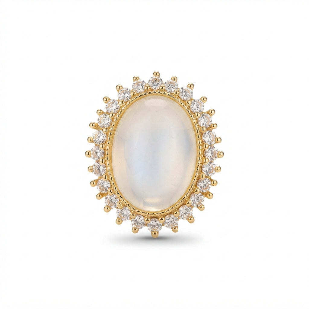 The Duchess Studs, moonstone halo stud earrings, close-up detail | THE ARCIVE