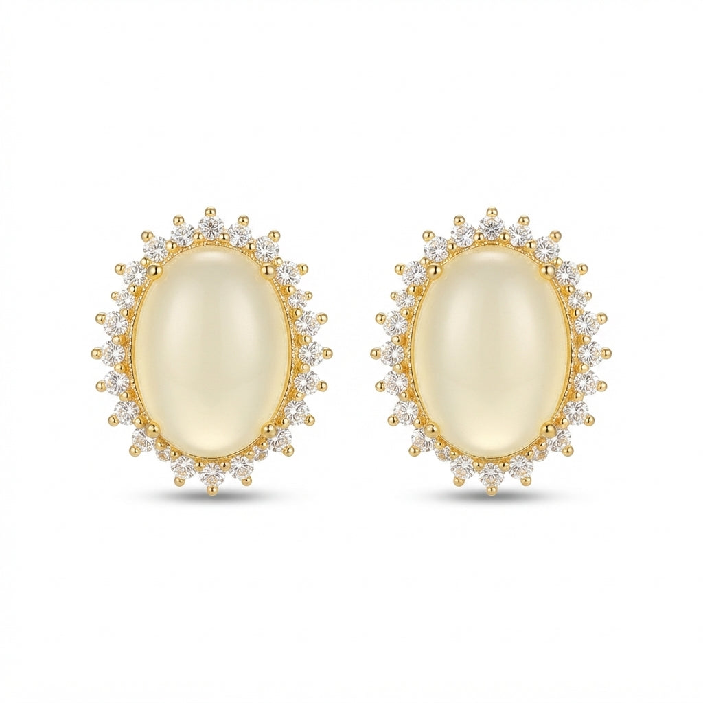 The Duchess Studs, moonstone halo stud earrings, product view | THE ARCIVE