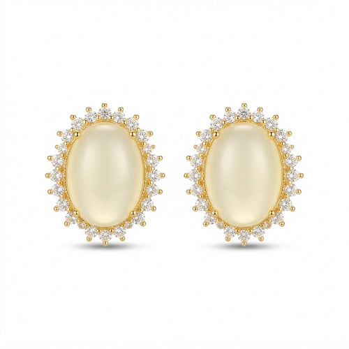 The Duchess Studs, moonstone halo stud earrings, product view | THE ARCIVE