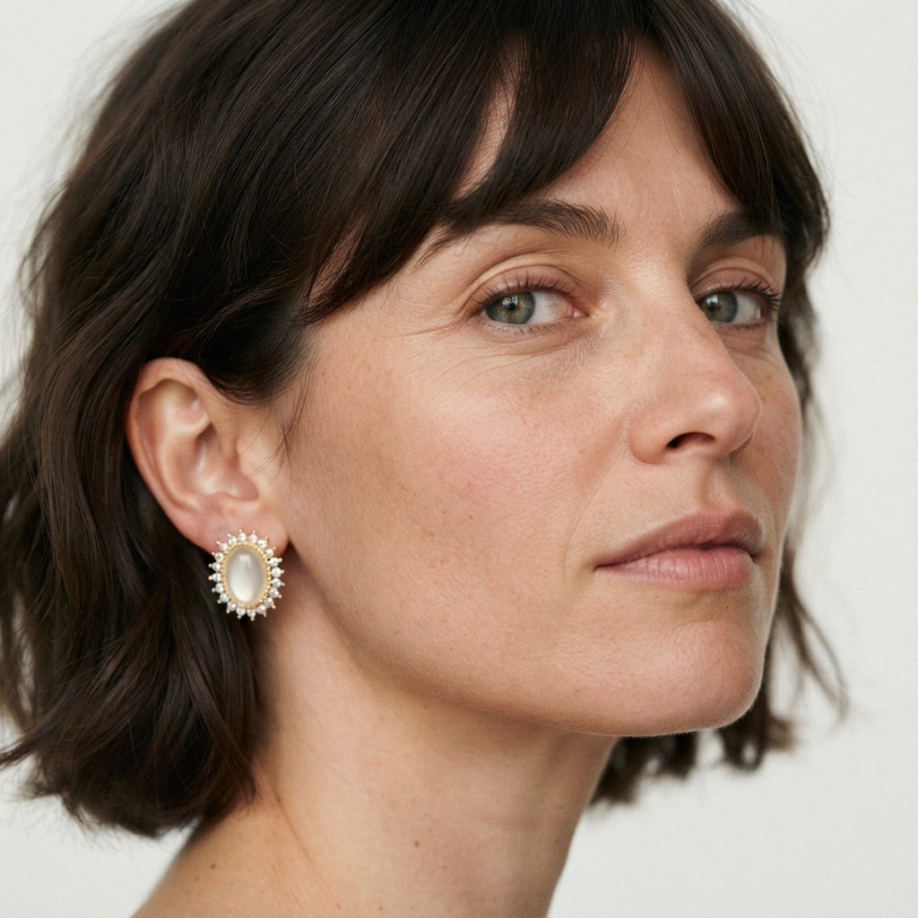 The Duchess Studs, moonstone halo stud earrings, worn on model | THE ARCIVE