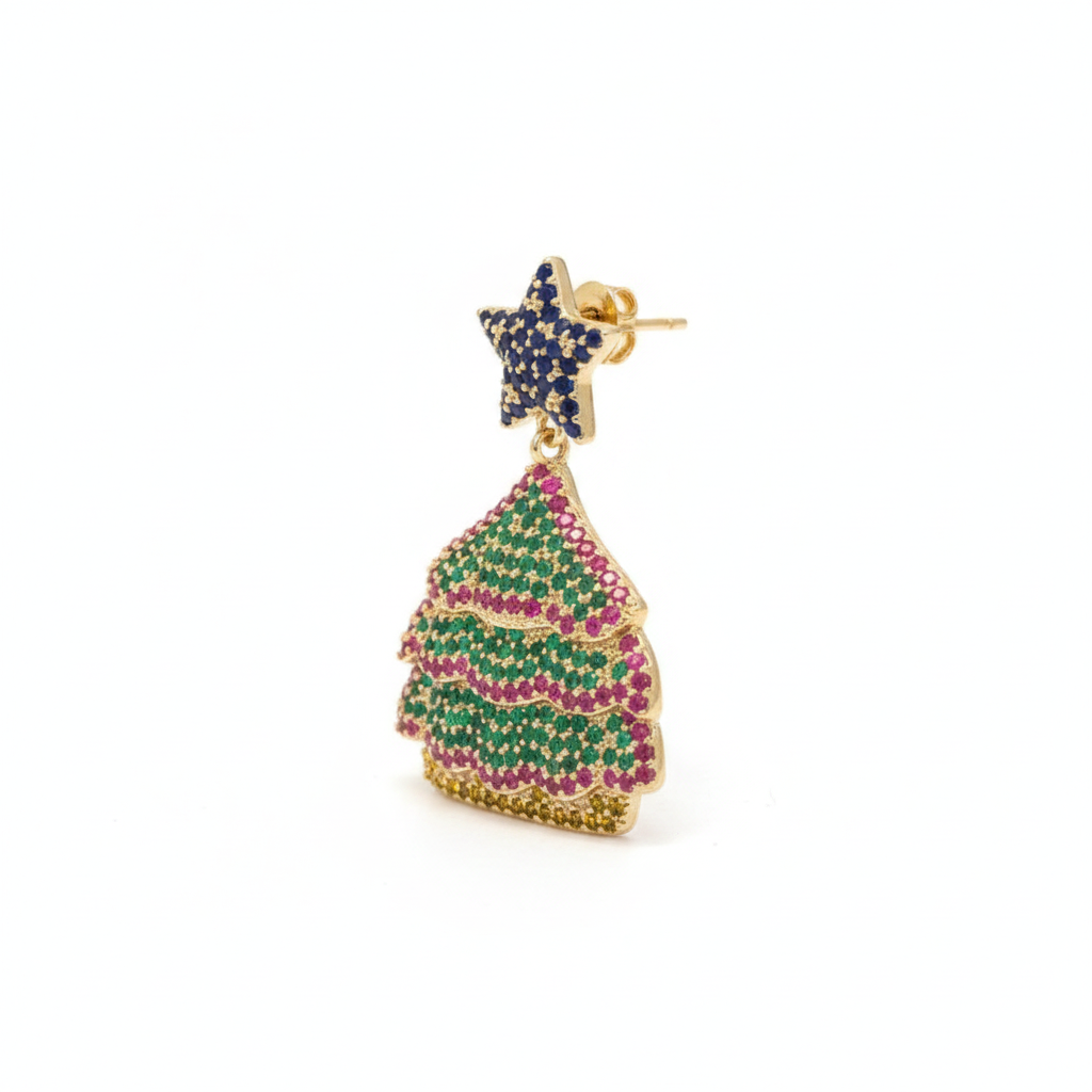The Festive Drops, star and crystal tree drop earrings, angled view | THE ARCIVE