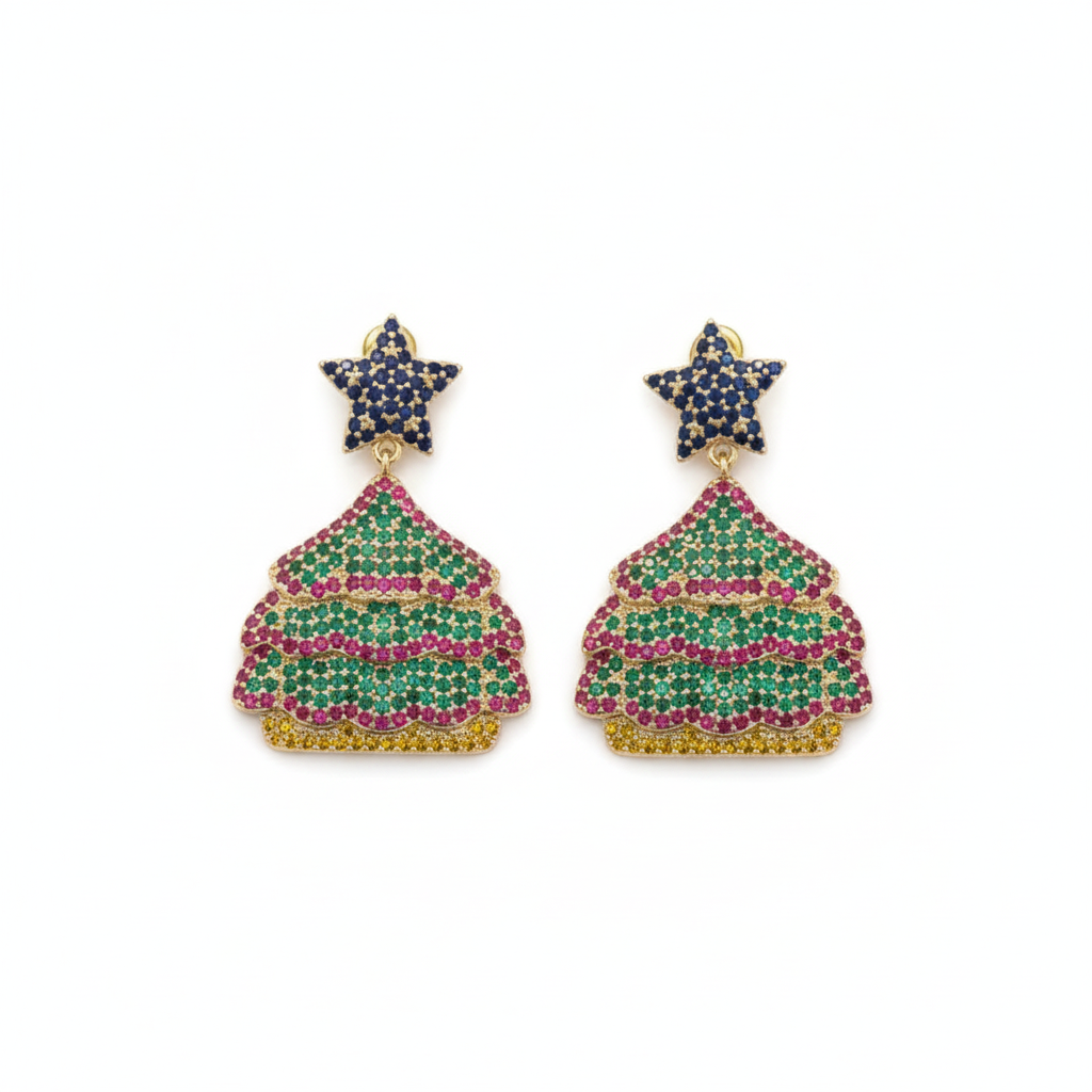 The Festive Drops, star and crystal tree drop earrings, flat lay view | THE ARCIVE