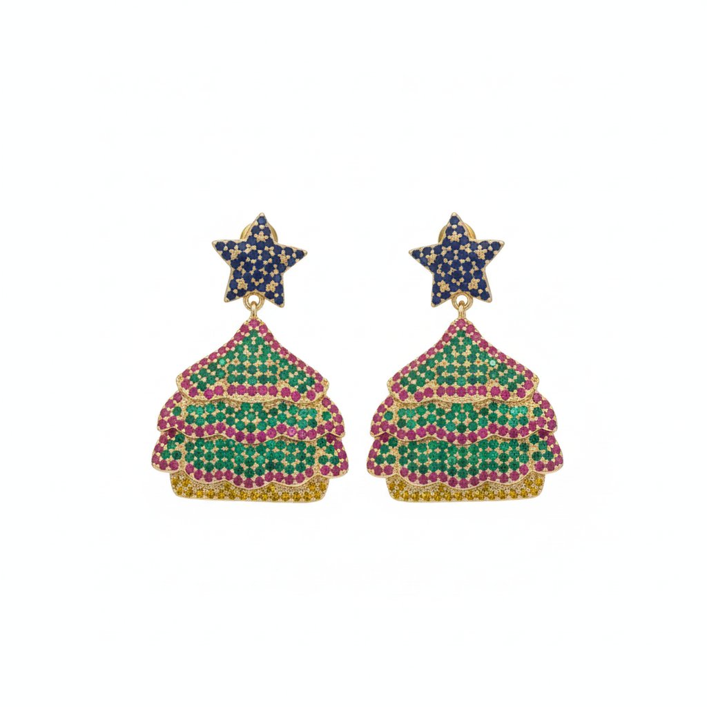 The Festive Drops, star and crystal tree drop earrings, front view | THE ARCIVE
