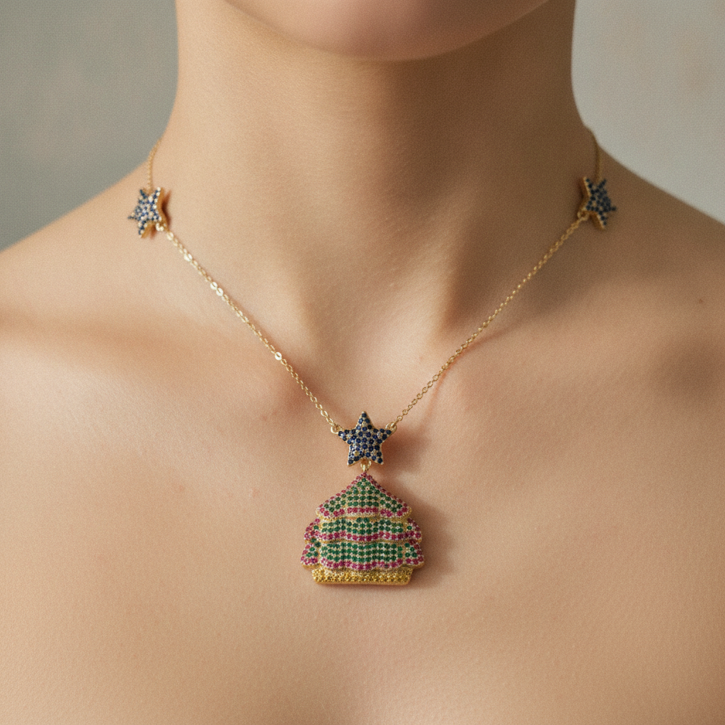 The Festive Drops, star and crystal tree drop earrings, worn on model | THE ARCIVE